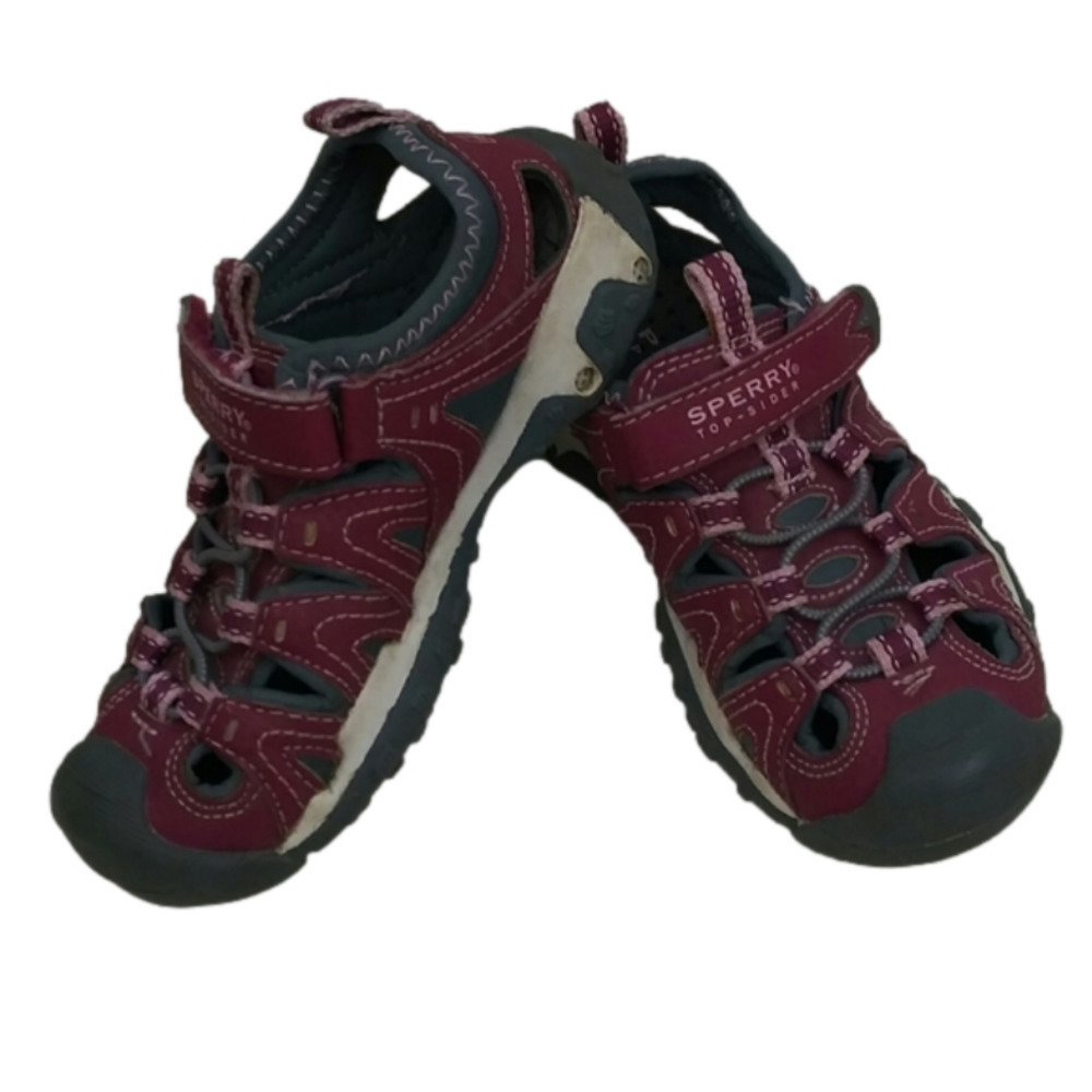 Sperry Wet Tech Fish Youth Burgundy Leather Round Toe Bungee Loop Hook Sandals